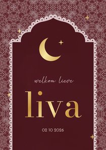 Geboortekaartje patroon op donkerrood kader en maan 