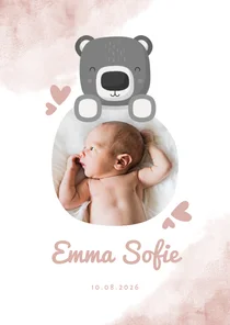 Geboortekaartje roze met foto, beer en waterverf