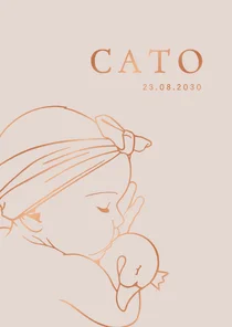 Geboortekaartje slapend meisje met knuffelzwaan – koperfolie