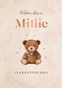 Geboortekaartje teddybeertje hartjes neutraal koper