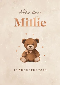 Geboortekaartje teddybeertje hartjes neutraal koper