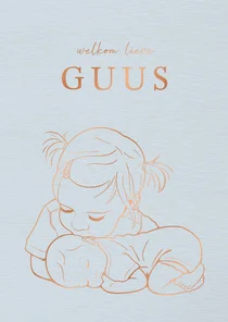 Geboortekaartje zus kust liggend baby’tje – koperfolie