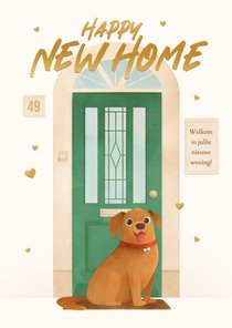 Gefeliciteerd met droomhuis voordeur hond hartjes new home