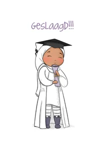 Geslaagd kaart met meisje in hijab en diploma