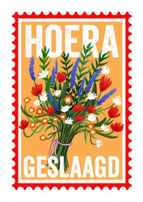 Geslaagdkaart in postzegelvorm met rood-wit-blauwe bloemen