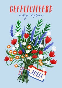 Geslaagdkaart met naamkaartje en boeket in rood-wit-blauw