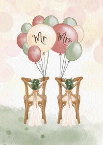 Getekende felicitatiekaart met ballonnen en trouwstoeltjes