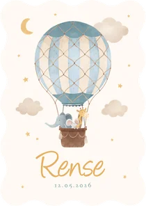 Golvend geboortekaartje blauwe luchtballon dieren sterren