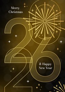 Goud nieuwjaarskaart 2026 grafisch stijlvol sterren goud