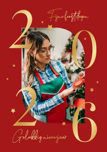 Goudfolie zakelijke kerstkaart rood met eigen foto 2026
