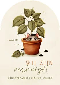 Grappig boog verhuiskaartje kat in plant
