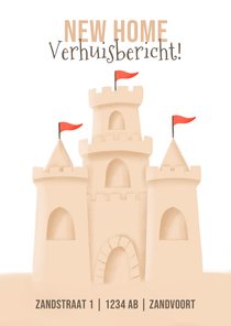 Grappig verhuiskaartje met een zandkasteel verhuisbericht