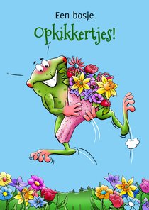 Grappige beterschapskaart met een opkikkert en bloemen