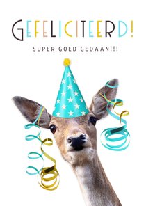 Grappige felicitatiekaart met giraffe met feesthoedje op