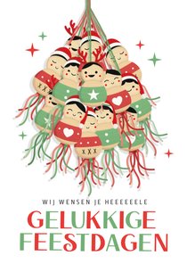 Grappige geluks kerstkaart met een tros gelukspoppetjes