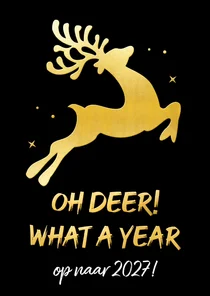 Grappige goudlook kerstkaart oh deer what a year