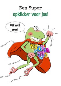 Grappige kaart met Super-opkikker die vliegt