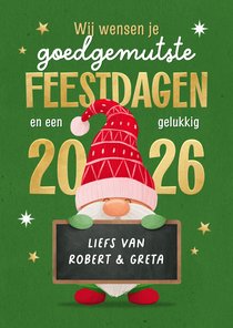 Grappige kerstkaart goedgemutste kabouter 2026 feestdagen