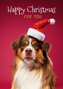 Grappige kerstkaart hond met kerstmuts