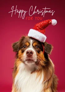 Grappige kerstkaart hond met kerstmuts