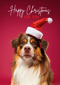 Grappige kerstkaart hond met kerstmuts