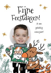 Grappige kerstkaart illustratie kersttrui rendier cadeaus