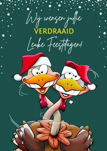 Grappige kerstkaart met kalkoenen die een leuke kerst vieren