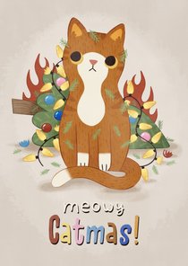 Grappige kerstkaart met kat kerstboom lampjes Meowy Catmas