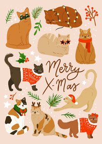 Grappige kerstkaart met katten illustratie