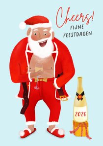 Grappige kerstkaart met kerstman met champagne 
