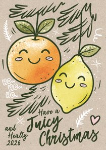 Grappige kerstkaart retro illustratie citroen sinaasappel