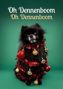 Grappige kerstkaart van hondje als kerstboom met ballen