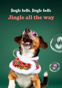 Grappige kerstkaart van hondje met jingle bellenblaas