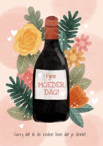 Grappige moederdag kaart met bloemen, plantjes en fles wijn