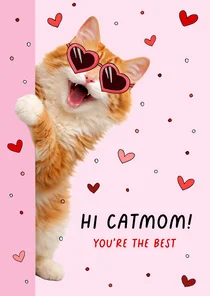 Grappige moederdagkaart met een vrolijke kat met hartjesbril