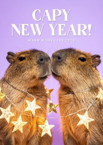 Grappige nieuwjaarskaart capibara lila capy new year