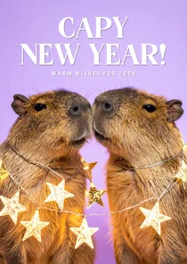 Grappige nieuwjaarskaart capibara lila capy new year