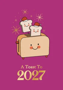 Grappige roze kerstkaart met broodrooster toast op 2027