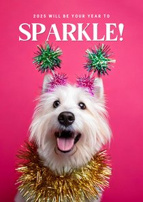 Grappige roze nieuwjaarskaart met hond your year to sparkle