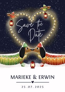 Grappige Save the Date kerstkaart met 2 teckels en hart