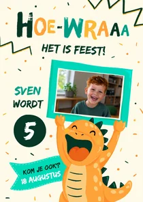 Grappige stoere dino uitnodiging voor een gezellig feestje