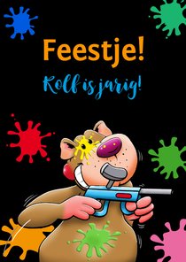 Grappige uitnodiging voor kinderfeest paintball met beertje