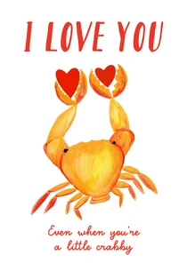 Grappige Valentijnskaart met crab en hartjes