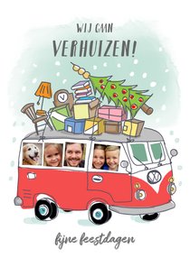 Grappige verhuis kerstkaart met volkswagenbusje en foto's