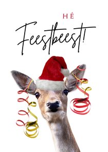 Grappige verjaardags kerstkaart met hert met kerstmuts op