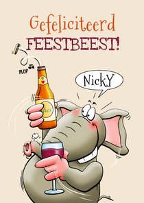 Grappige verjaardagskaart feestbeest olifant en bier en wijn