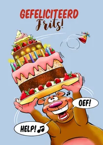 Grappige verjaardagskaart grote taart en beer