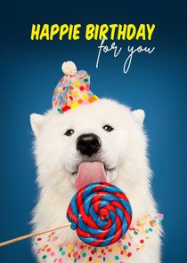 Grappige verjaardagskaart hond met lolly en feest kraag