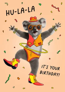 Grappige verjaardagskaart met een hoelahoepende koala