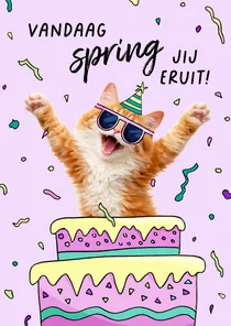 Grappige verjaardagskaart met kat die uit taart springt